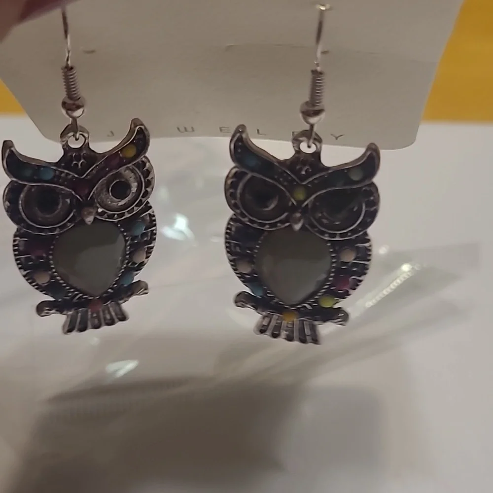 Elegant Silver and Multicolor Dangle Owl Earrings - Picture 5 of 6